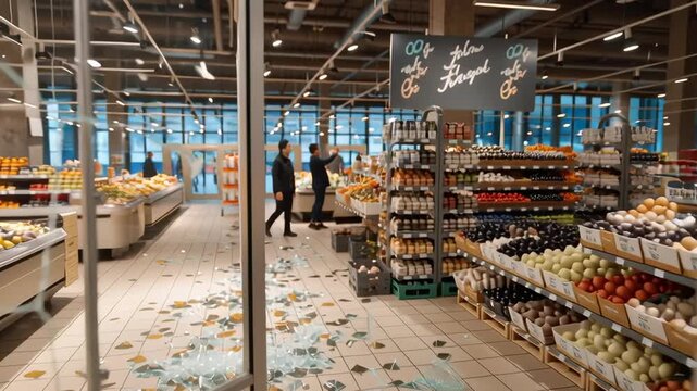 A broken window in a store with a lot of food on the shelves. Scene is chaotic and dangerous