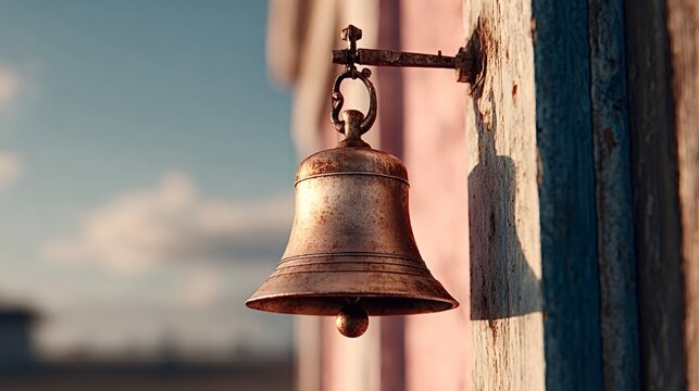 Rustic metal bell with aged patina hangs on weathered wooden wall, casting a long shadow in warm golden hour light, evoking nostalgia and rural calm
