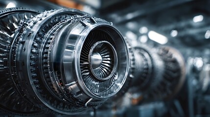 Jet engine turbine blades and mechanical components illustrate advanced aerospace engineering. Industrial manufacturing. And precision technology in a factory setting. Symbolizing innovation and power