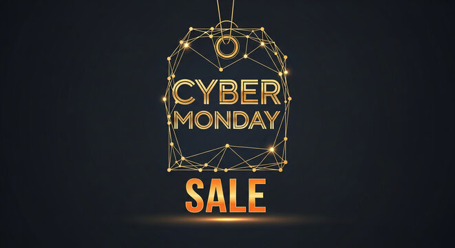 Golden polygonal tag with "Cyber Monday" and "Sale" inscription on dark background, representing electronic commerce promotion event