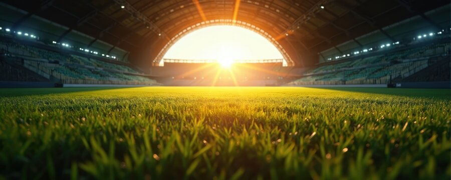 Empty football stadium field with green grass at sunrise. Sun shines over arena pitch, vacant seats. Grand sports venue ready for championship. Empty grandstand awaits passionate fans for final big - Powered by Adobe