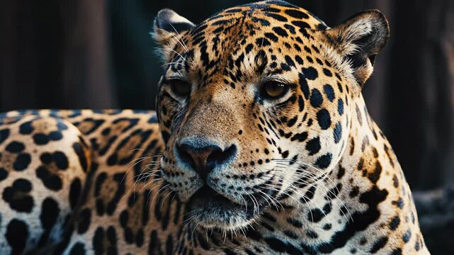 Closeup of a majestic jaguar resting in a lush jungle environment with detailed fur and piercing eyes captured with sharp focus and natural lighting, Jaguar Close-Up Portrait, Generative AI, Ultra Rea
