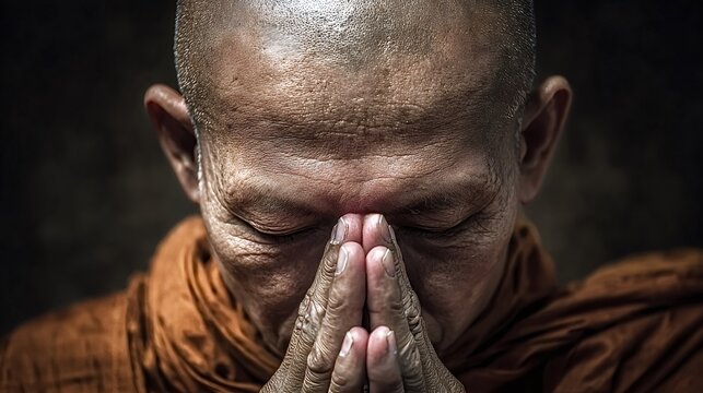 Buddhist monk in orange robe with eyes closed, hands folded in prayer, meditative portrait capturing serene devotion, inner peace and contemplative spiritual practice indoors