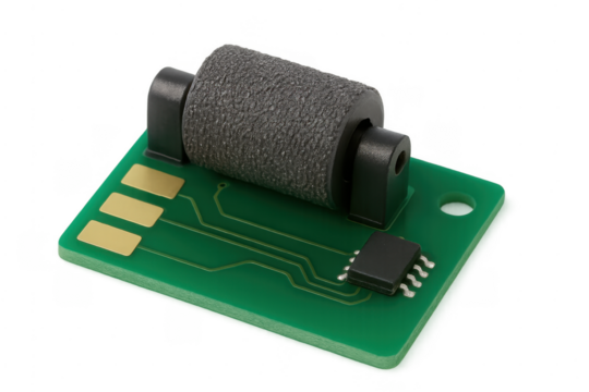 Printer module circuit board with roller and microchip