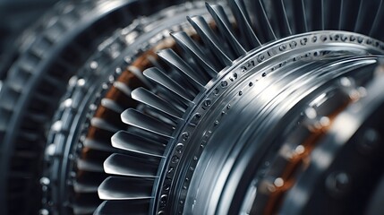 Jet engine turbine rotor blades showcasing advanced engineering and intricate metal components for power generation and propulsion, representing modern industrial technology and innovation