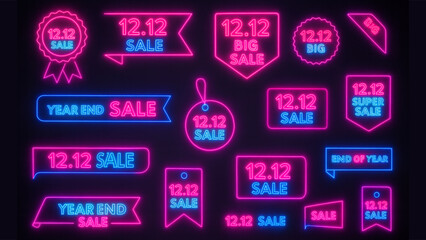 12.12 neon Sale text tag Collection set of graphic elements for website. Discount, special offer for customers, season benefits, online shopping. Flat vector illustrations isolated on black background