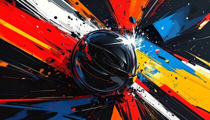 Abstract black sphere with colorful burst.