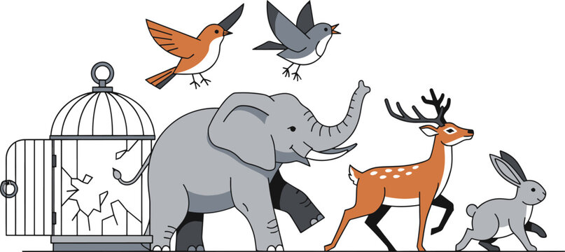 Diverse animals escaping bird cage to freedom, flat vector illustration for animal rights concept