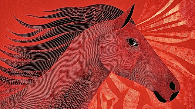 Stylized horse head graphic illustration, featuring a flowing black mane and intricate line art details on a vibrant red textured background, representing power and freedom