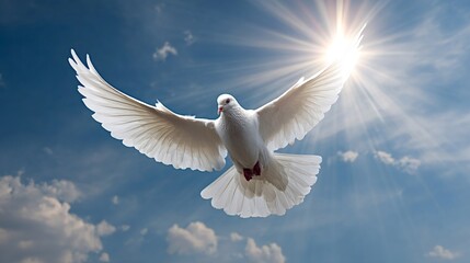 White dove with outstretched wings soaring against a vivid blue sky, bathed in sunlight  symbol of peace, freedom, hope and spiritual serenity, ideal for religious themes