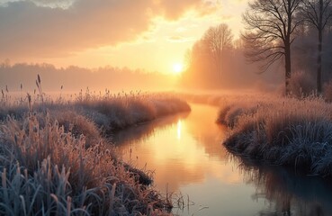 Frosty stream with calm water and frost covered reeds at sunrise. Bare trees and foggy mist surround riverbank. Golden light reflects on water surface. Peaceful winter landscape in rural setting.