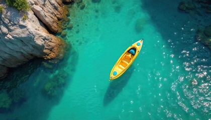 Aerial photo of a yellow kayak floating in turquoise water. Rocky formations beside the water. Sunny day with shadows on surface. Ideal for travel or vacation.