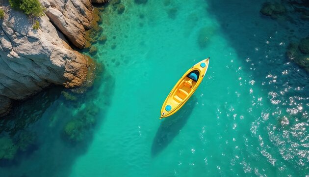 Aerial photo of a yellow kayak floating in turquoise water. Rocky formations beside the water. Sunny day with shadows on surface. Ideal for travel or vacation.