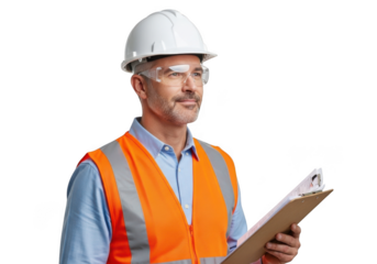 Construction worker wearing a white hard hat and orange safety vest holding a clipboard isolated on transparent background