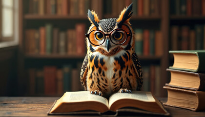 Owl wearing eyeglasses sits on open book on wooden desk. Wise bird in vintage library, surrounded by many old books on shelves. Image represents knowledge, learning, education, wisdom, intelligence,