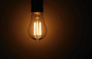 Retro Edison style light bulb glows brightly in dim dark background. Warm incandescent light illuminates area, creating cozy atmosphere. Classic lamp new idea, innovation, electric power,