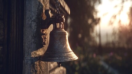 Fototapeta premium Rustic old metal bell attached to a stone wall, glowing in the warm golden hour light of sunset, creating a nostalgic atmosphere in an outdoor garden setting