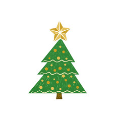 Christmas tree, festive decorated holiday fir with golden star and ornament balls, vector illustration