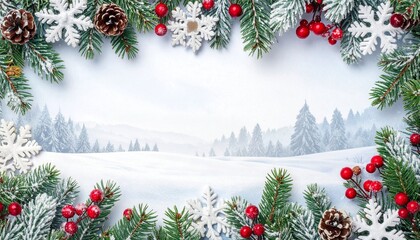 Christmas snowy landscape with decorative frame.