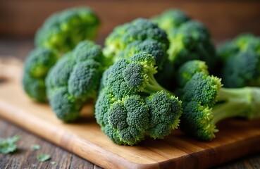 Pile of fresh broccoli florets rests on wooden cutting board. Healthy eating concept showcases raw green vegetables rich in vitamins. Vegan diet food ingredient. Culinary studio food art shot.