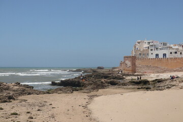 Coastal View of Essaouira, Morocco,  with Historical Fortress on the Beach