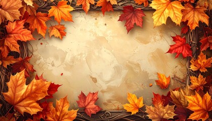 Autumn leaves frame with blank space background.