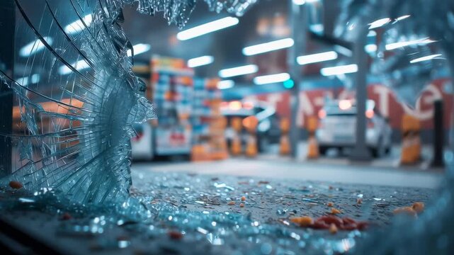 A broken window in a store with a shattered glass on the floor. The scene is dark and gloomy, with a sense of danger and chaos