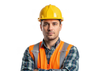 Serious construction worker wearing a yellow safety helmet and orange high visibility vest arms crossed isolated on transparent background