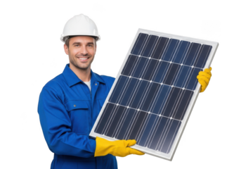 Smiling construction worker in blue uniform and white hard hat holding a solar panel isolated on transparent background