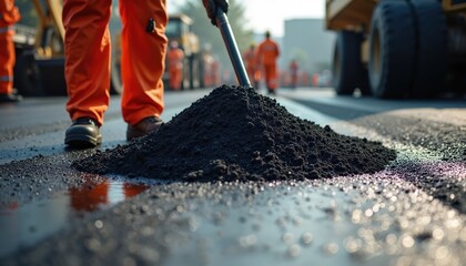 Naklejka premium Workers in orange uniforms repair asphalt road. A pile of bitumen sits on the wet surface ready for spreading. Heavy machinery and safety cones are visible in background.