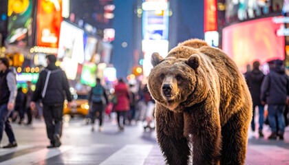 Bear walking on city street at dusk.