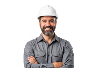 Smiling bearded man wearing white hard hat and gray work shirt with arms crossed isolated on transparent background