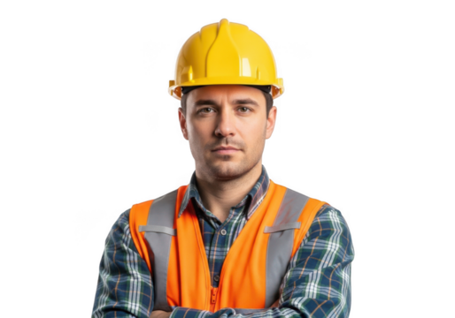 Serious construction worker wearing a yellow safety helmet and orange high visibility vest arms crossed isolated on transparent background