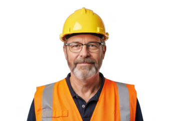 Mature man wearing yellow hard hat and orange safety vest with reflective stripes isolated on transparent background