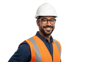 Smiling construction worker wearing a white hard hat and orange safety vest with glasses isolated on transparent background