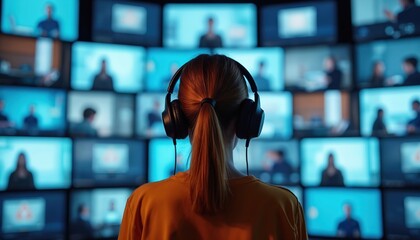 Woman with headphones watches many screens showing people in video calls. Digital communication display connects many users globally. Online conference via tech.