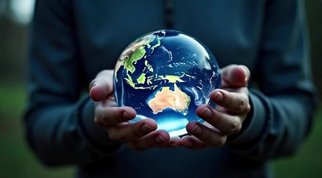 Person holding a glowing globe of the Earth outdoors in nature  