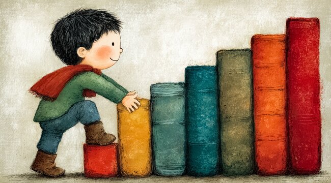 Boy is climbing a stack of books. The books are of different colors and sizes. The boy is wearing a red shirt