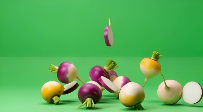 Whole and sliced turnips in various purple and yellow colors falling and resting on a bright green backdrop