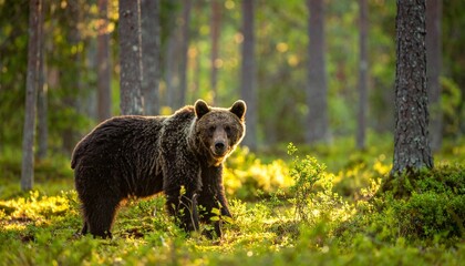 Brown Bear in Forest with Golden Sunlight.