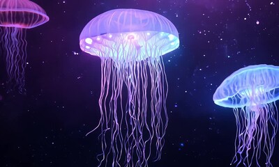 Shimmering creatures float amidst cosmic nebulae and stars - Powered by Adobe