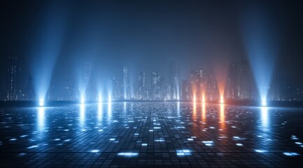 Cityscape with bright lights and a dark sky. The lights are scattered throughout the scene, creating a sense of depth