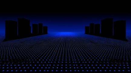 Cityscape with tall buildings and a blue sky. The sky is filled with stars and the buildings are lit up