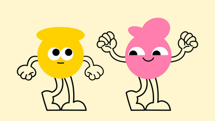 Colorful kawaii mascots in doodle style with bold eyes and quirky geometric sticker shapes.