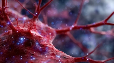 Close up of a red cell with a blue star in the middle. The cell is surrounded by a blue and purple background