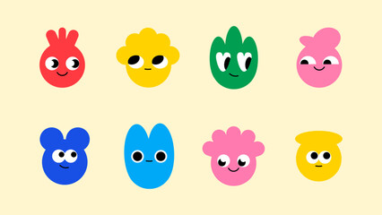 Kawaii geometric mascots with big eyes, doodle energy and playful sticker emotions.