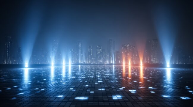 Cityscape with bright lights and a dark sky. The lights are scattered throughout the scene, creating a sense of depth