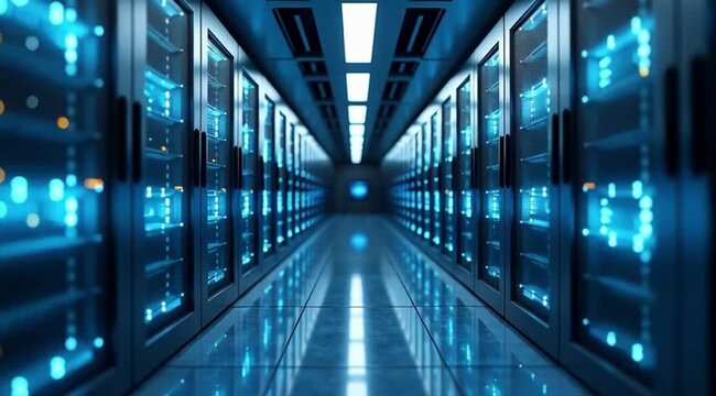 Data center corridor with tall server racks and blue lights  