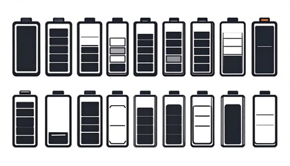 Battery icons set with energy level indicators.