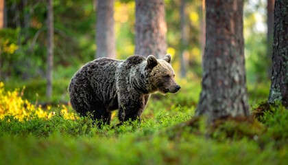 Brown bear walking in lush forest.